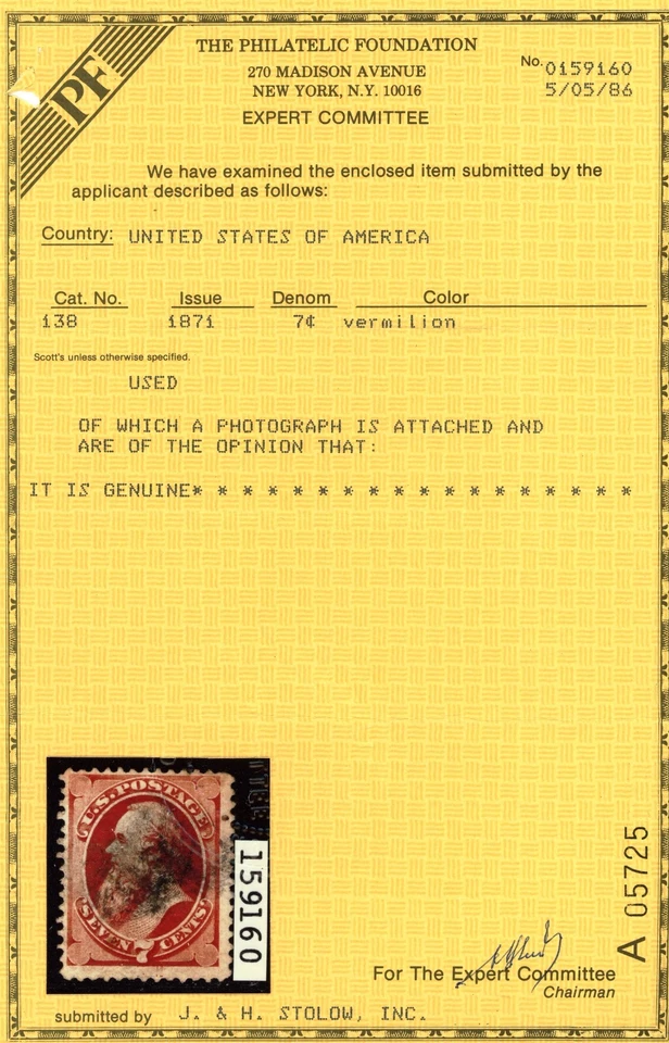 Scott 138 Used FVF US 1870 Bank Note Stanton Grilled +Cert SCV $530+ - Image 3 of 3