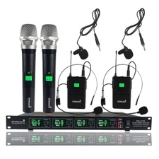 4CH Quad UHF Wireless Church Microphone Studio 2 Headset 2 Handheld Mics System