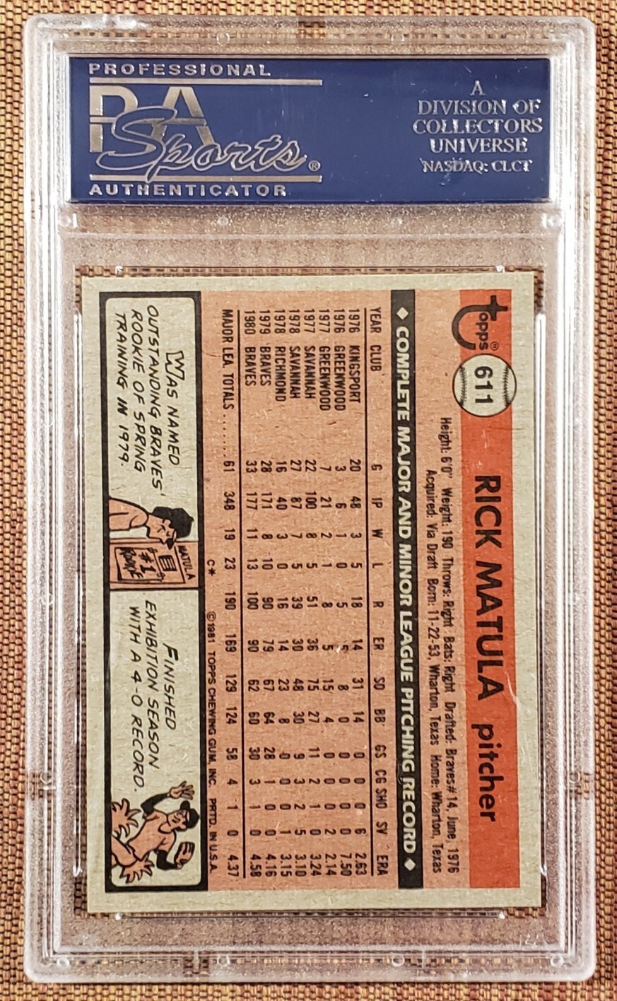 1981 Topps #611 Rick Matula Atlanta Braves Vintage Baseball Card PSA 10 Gem Mint view 2