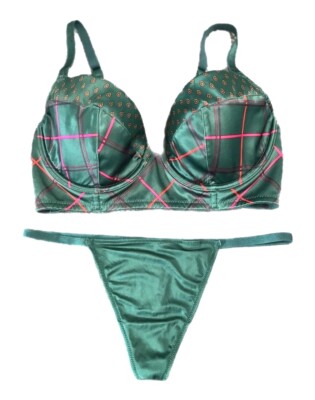 Victorias Secret Set Very Sexy Lined Demi Bra 34D & V-String Panty Small Green