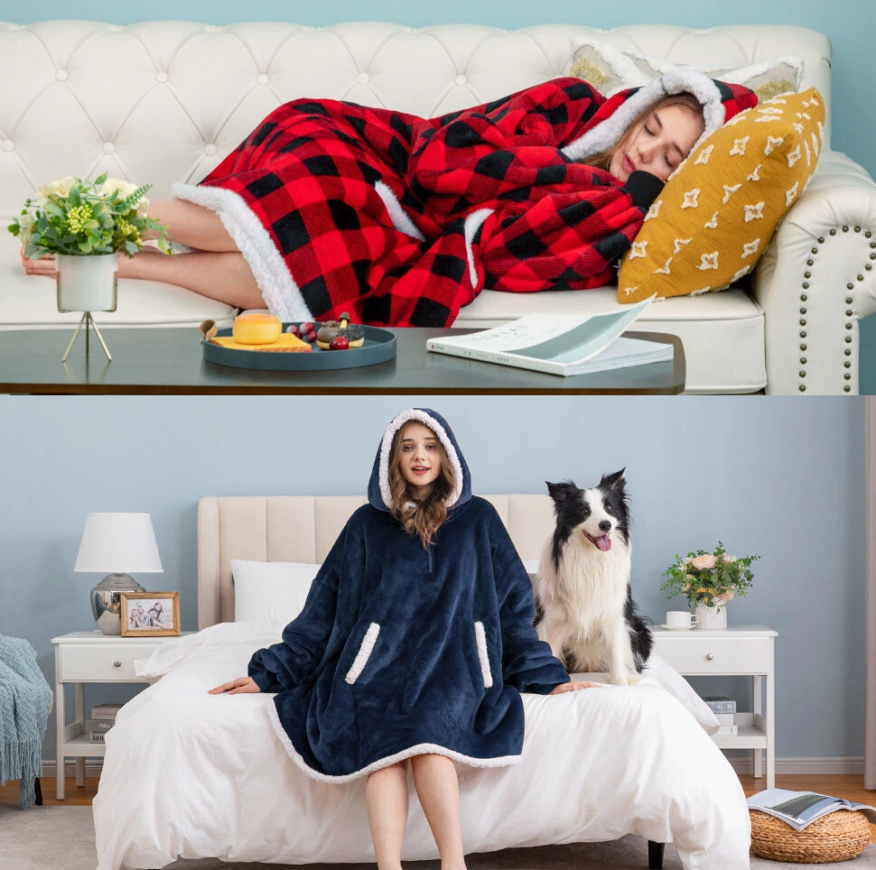 Warm Oversize Reversible Hoodie Wearable Flannel Blanket w/Giant Pocket for  Kids | eBay