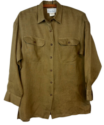 Euro Linea Women's 6 Fine Linen Khaki Button Front Blouse Shirt Pockets