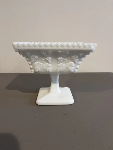 Vtg Westmorland Milk Glass Square Compote Dish Grape Design