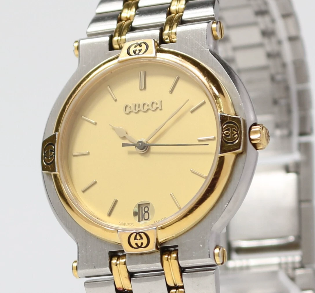 [Presque comme neuve] Montre homme vintage Gucci 9000M cadran or argent deux tons date Qz