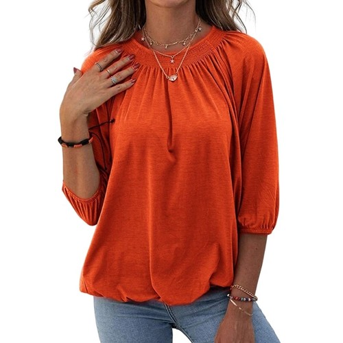 Women 3/4 Puff Sleeve Crew Neck Shirts Solid Color Elastic Hem Pleated Basic Top - Picture 25 of 48