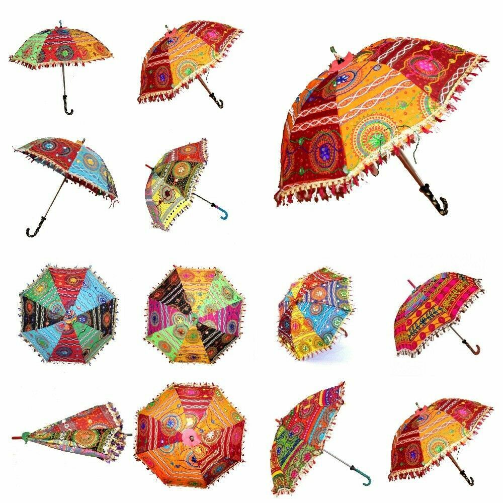 Handmade Indian Wedding Mehndi Party Parasol – Embroidered Cotton Sun Umbrella (Multicolour)