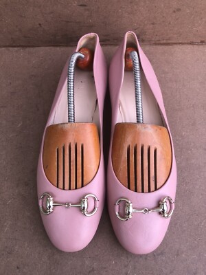GUCCI 466700 Horsebit Ballet Pink Leather Flats Size 37.5 Made In