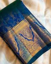 Bollywood Sari Soft Litchi Silk Bridal Blue Saree Blouse South Indian Party Wear