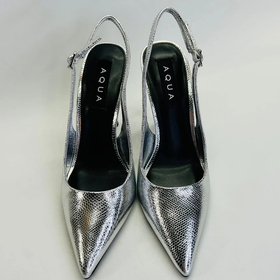 Zapatos de salón Aqua Taylor plateados punta puntiaguda talla 6 cuero tacón de 4,5" Foto 2 de 4