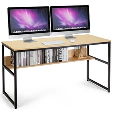 55" Computer Desk Writing Table Workstation Home Office w/Bookshelf Natural