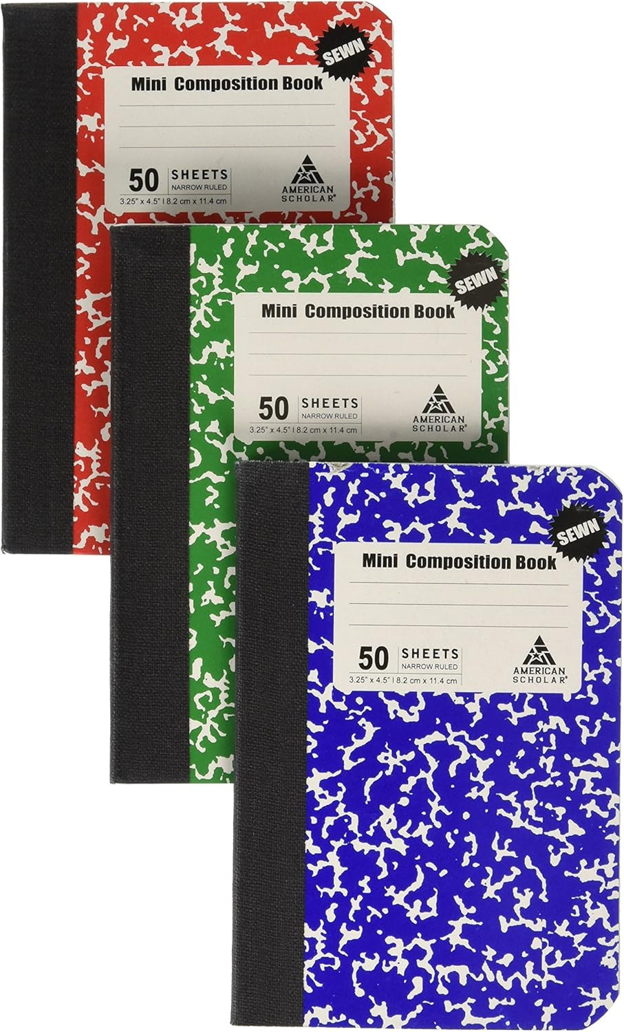 Set of 3 Mini Composition Notebooks Red Green Blue 50 Pages Perfect for On Th...