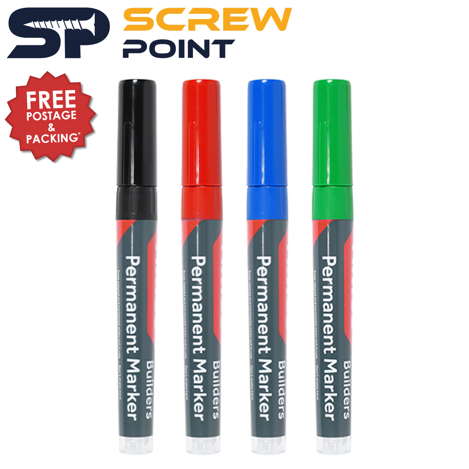 Builders Permanent Markers - Fine Tip - Mixed Colours Fine Tip - 4 Pack