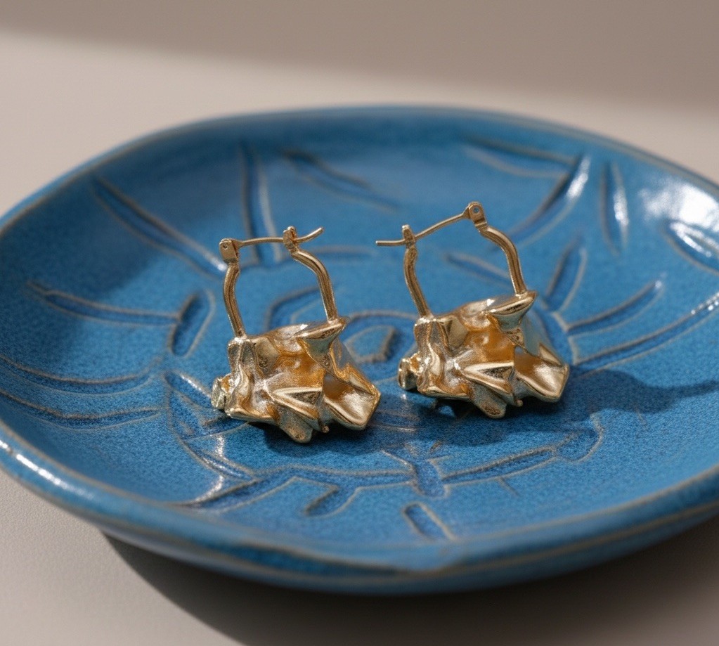 Hoop Earrings Alexis Bittar Molten STYLE Gold Scrunchy Crinkle Huggie Boho VTG-image