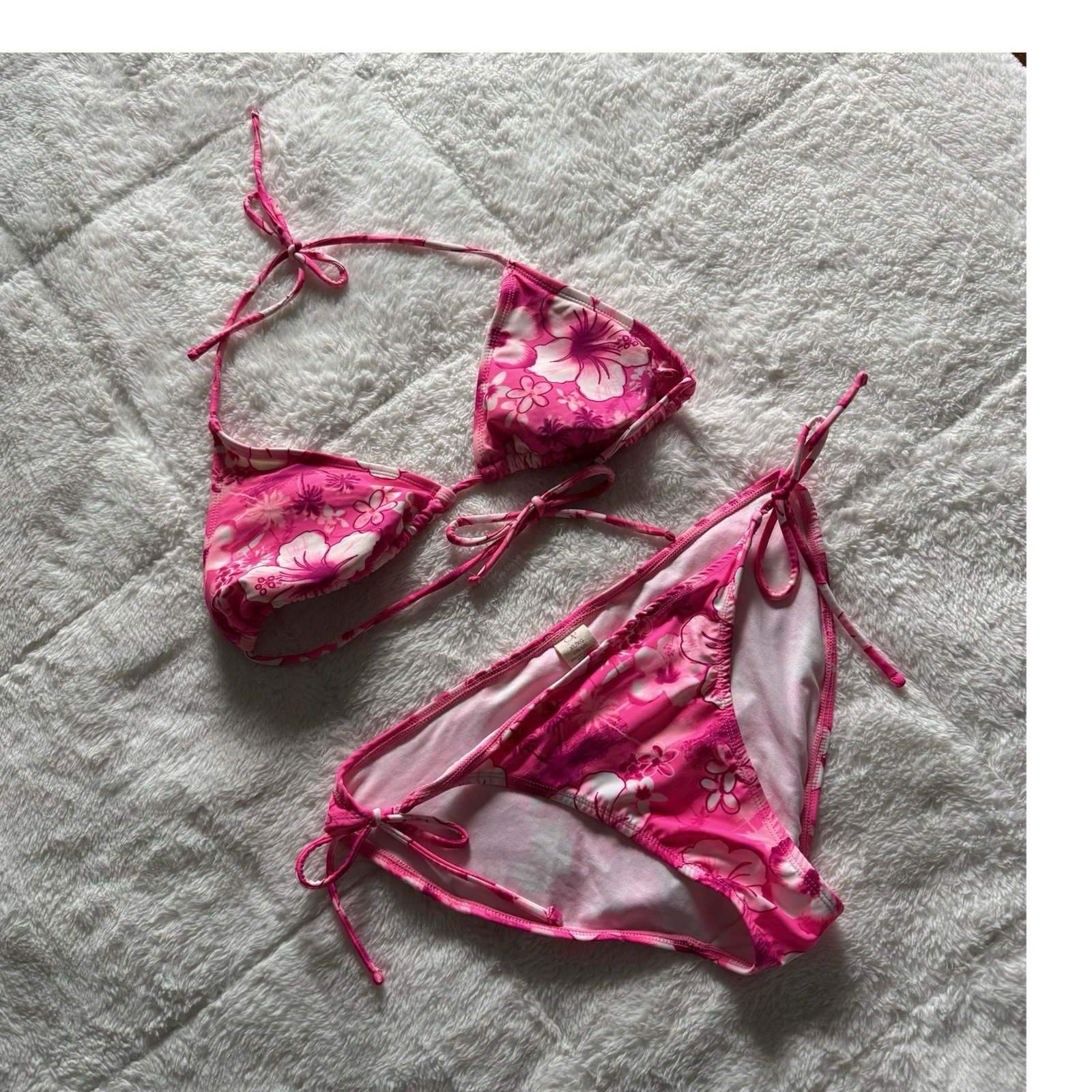 Y2K OP Pink/White Floral 2-Piece Bikini Halter Triangle Top Tie-Side Bottoms XL
