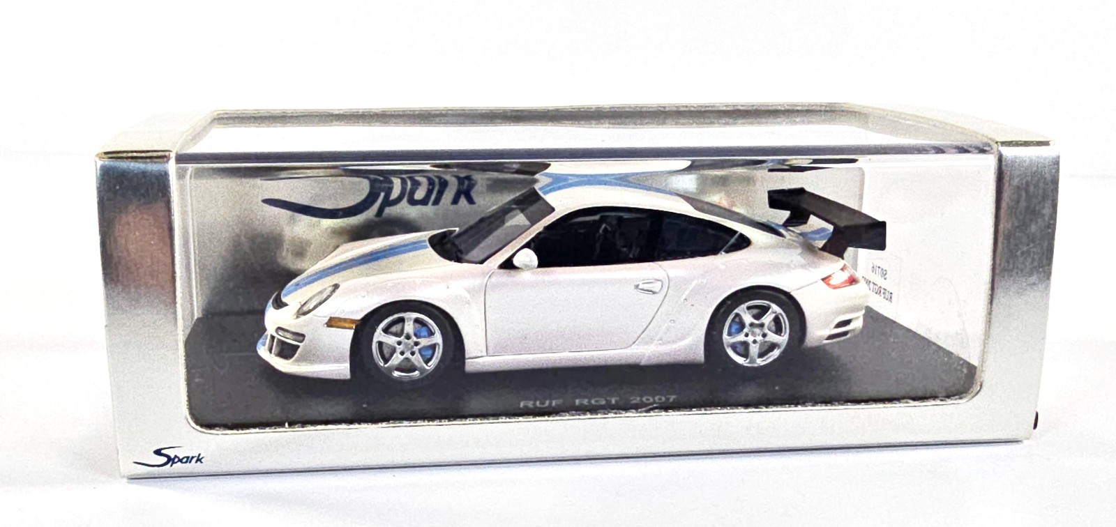 RUF RGT (2007) White/Blue Stripes In OVP With Acrylic Cover 1:43 Spark - NEW