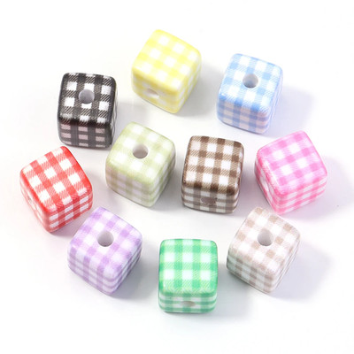 10Pcs 14Mm Plaid Acrylic Square Beads Colorful Cube Loose Spacer Bead for Jewelr