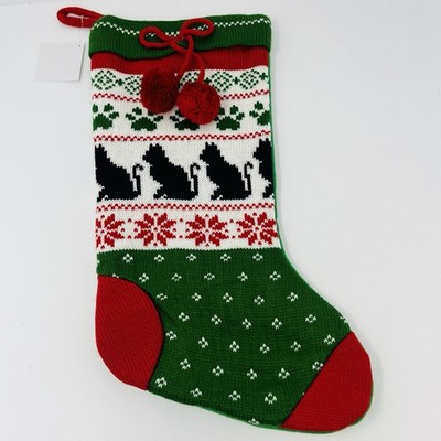 Cat Christmas Stocking Knitted w/ Pom Poms (Felt Back) Paw Print Kitty Red Green
