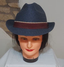 Marks & Spencer Trilby/Pork Pie Blue 'Straw' Hat - Burgundy hat band