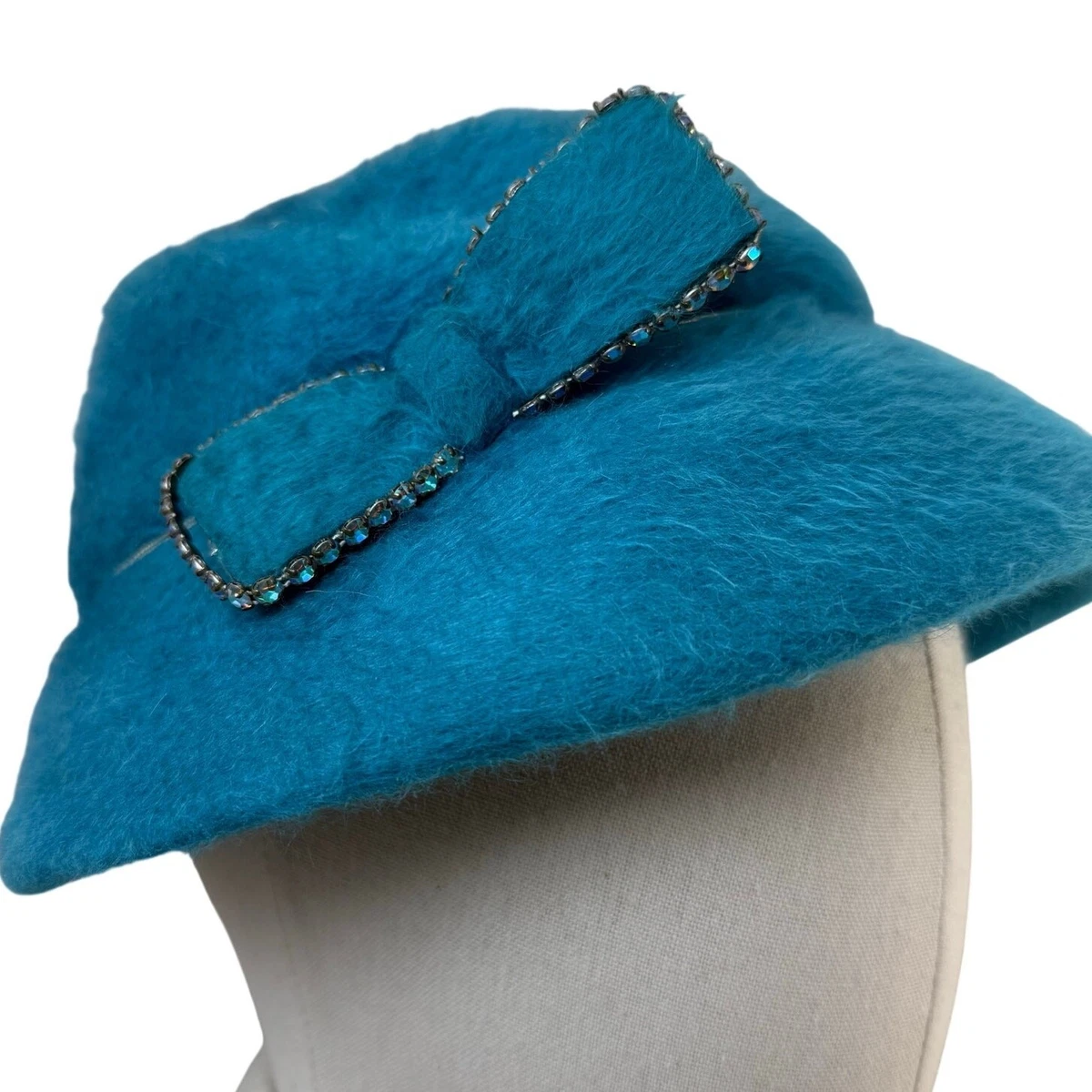 Vintage Teal Faux Fur Cloche Hat Rhinestone Bow 1960s Mod Style Teal Vintage 60s Hat - Etsy main image 4