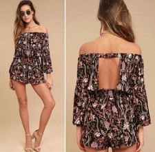 Free People Pretty Free Black Floral Open Back Romper Womens Small Boho Hippie