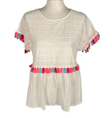 Savanna Jane Babydoll Top Womens Small White Eyelet Tassel Short Sleeve Pullover