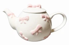 Lang Design Porcelain Pink Bow White Teapot Hand Painted With Lid 10"X6" UNUSED 