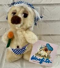 Vintage 1980 Dakin Woofits ANGELA Plush Blue Polka Dot Scarf Apron 8" NWT