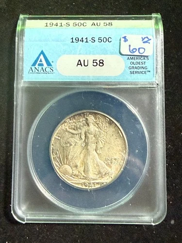 1941 S WALKING LIBERTY HALF DOLLAR ANACS AU58