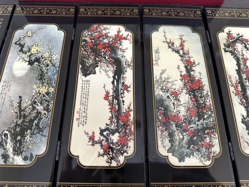 MINIATURE CHINESE FOLDING TABLE SCREEN BAO CHUN TU,BOXED,6 PANELS,PINK BLOSSOM - Picture 8 of 16