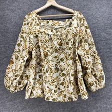 A New Approach Blouse Women 3X Plus White Floral Long Sleeve Square Neck Cotton