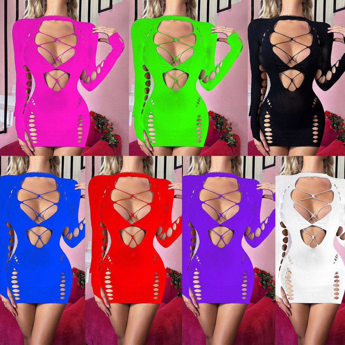 Womens Mini Dress Fishnet Lingerie Sexy Clubwear Sheer Nightwear Cutout  Mesh | eBay