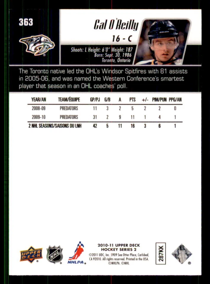 2010-11 Upper Deck #363 Cal O'Reilly Nashville Predators - Image 2 of 2