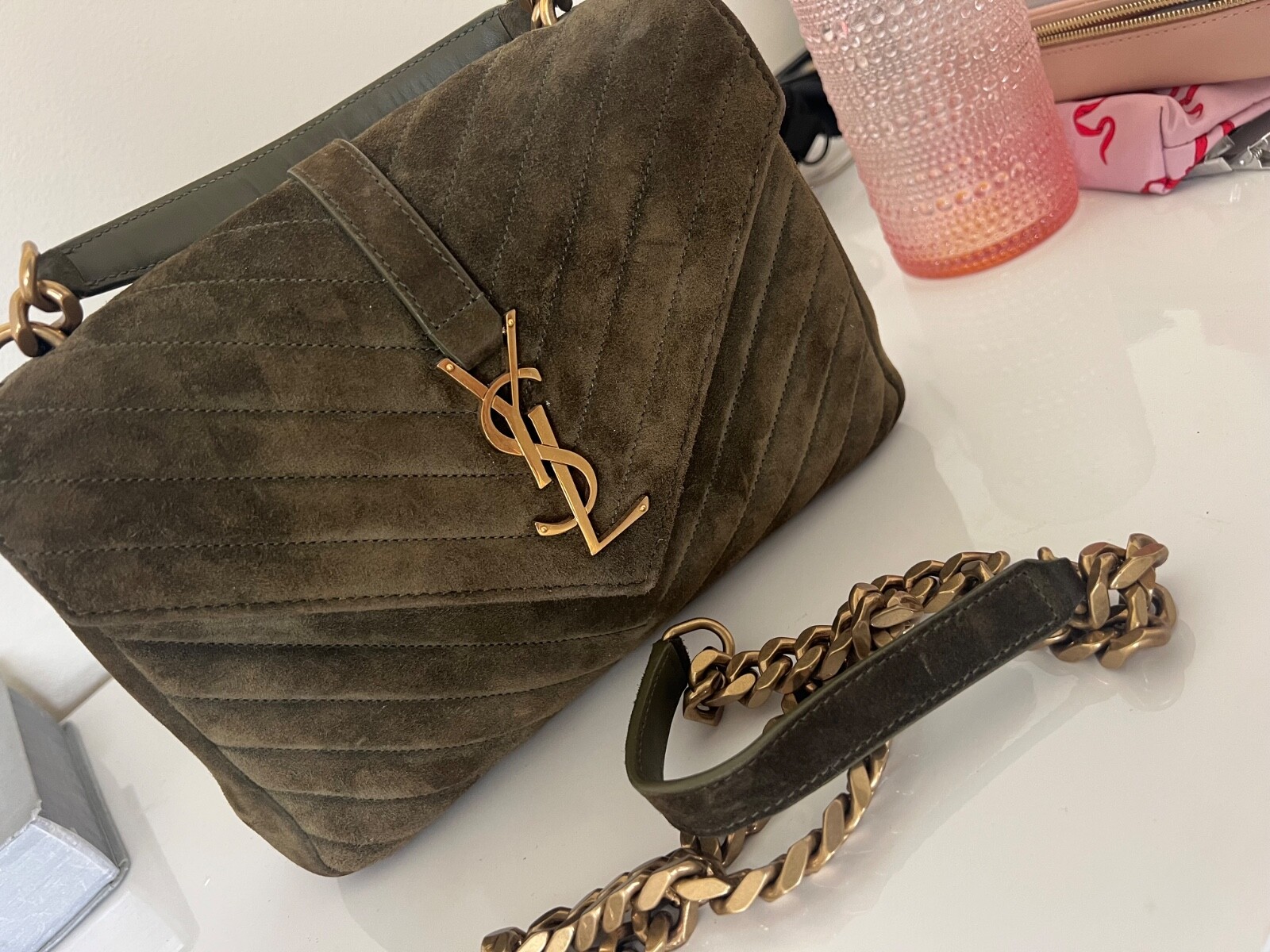 SAINT LAURENT YSL College Medium Flap Quilted Suede Shoulder Bag Preowned