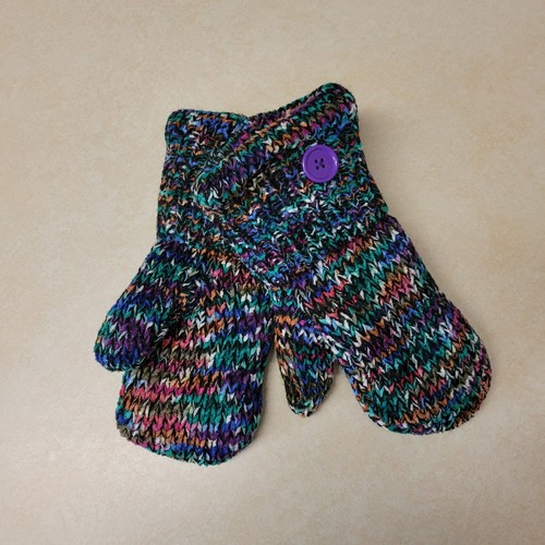 Black multi color fleece lined upcycled sweater mittens size large (400) - Picture 1 of 4