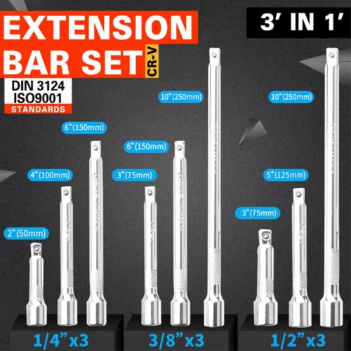 9pc Socket Bar Extension Set 1/4" 3/8" 1/2" Inch Drive Long Garage Tool Kit UK