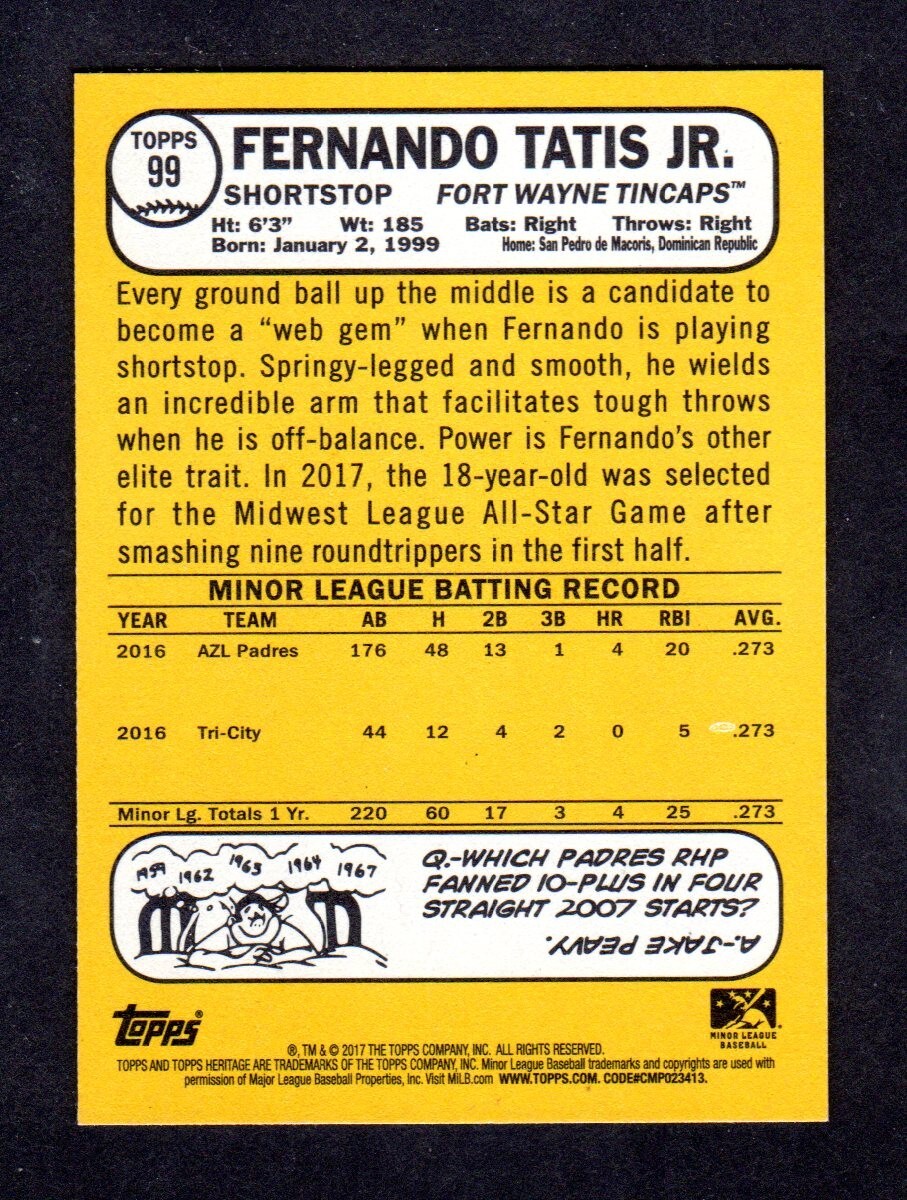 2017 Heritage Minors #99 Fernando Tatis Jr. WHITE SOX ROOKIE NM