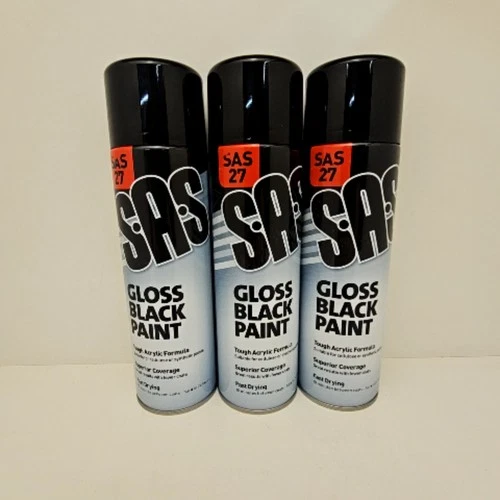 SAS 27 Black Gloss Spray Paint Tough Acrylic Formula 500ml Fast Dry lot of 3 M