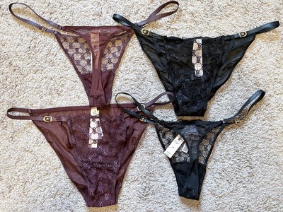 NWT - VICTORIA'S SECRET FAUX LEATHER LOGO MESH BUCKLE THONG STRING BIKINI PANTY