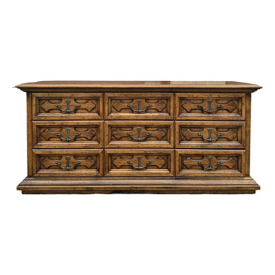 1970s Henredon Fine Furniture Spanish Revival Oak 9 Drawer Rolling Low Dresser