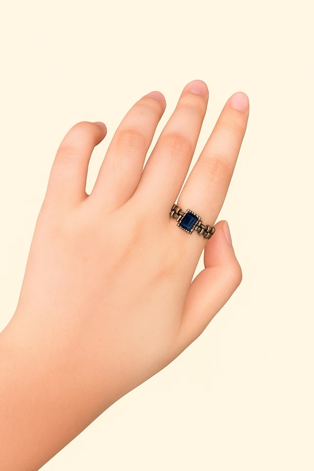 Anillo abierto de piedra cuadrada azul vintage para mujer banda de cobre tono dorado antiguo Foto 4 de 4