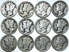 1927-1939 Mercury Dime Lot - 12 Coins - 90% Silver