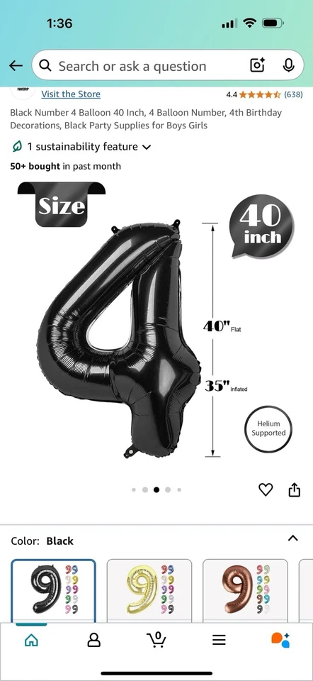 40" Giant Black Four Year Old Baby First Birthday 4 Month Number Float Balloon - Image 2 of 2