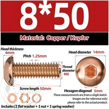 COPPER BUTTON HEAD SCREWS ALLEN SOCKET BOLTS WITH FLAT WASHER & NUT DIN 7380