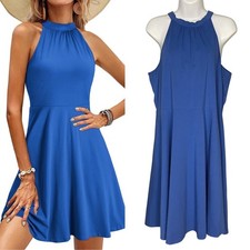 Halter Tank Sundress Blue Women Plus Size XXL Stretch Cotton Sleeveless OUGES