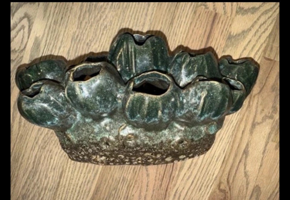 Mid Century Abstract  Ceramic  Frog Vase Greens And Browns  11. X. 5 X 6