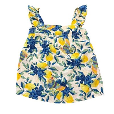 Davi & Dani Womems lemon floral bird pattern tank blouse, ruffle sleeves, M