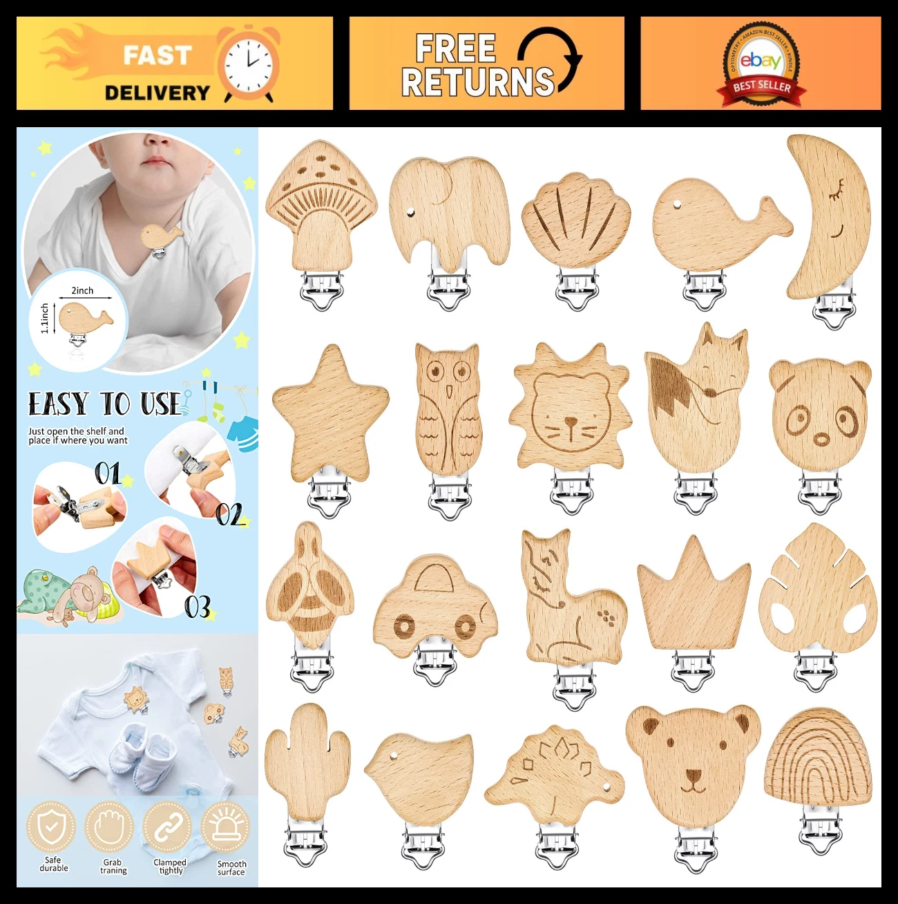20 Wooden Pacifier Clips - 20 Pack DIY Toy Suspenders for Baby Teething Accessor