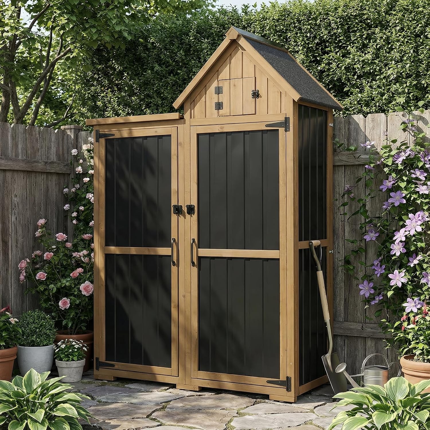 PETSCOSSET Outdoor Storage Cabinet Wood & Metal Garden Shed with Lockable Doors
