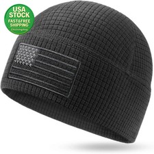 Grid Fleece Beanie American Flag Waffle Knit Skull Cap Warm Black.