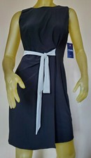 Chaps Women's Petite Medium Black Faux Wrap Dress With White Tie Sleeveless NWT